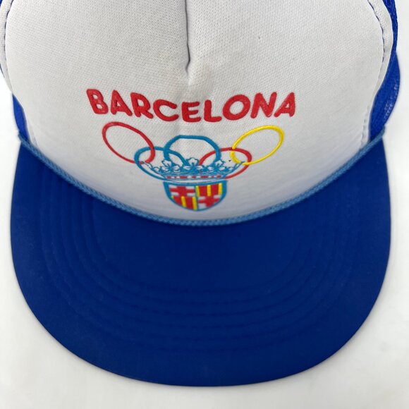 Vintage Barcelona Olympics 1992 Mesh Trucker Hat Snapback Cap White Foam Blue - Picture 3 of 8